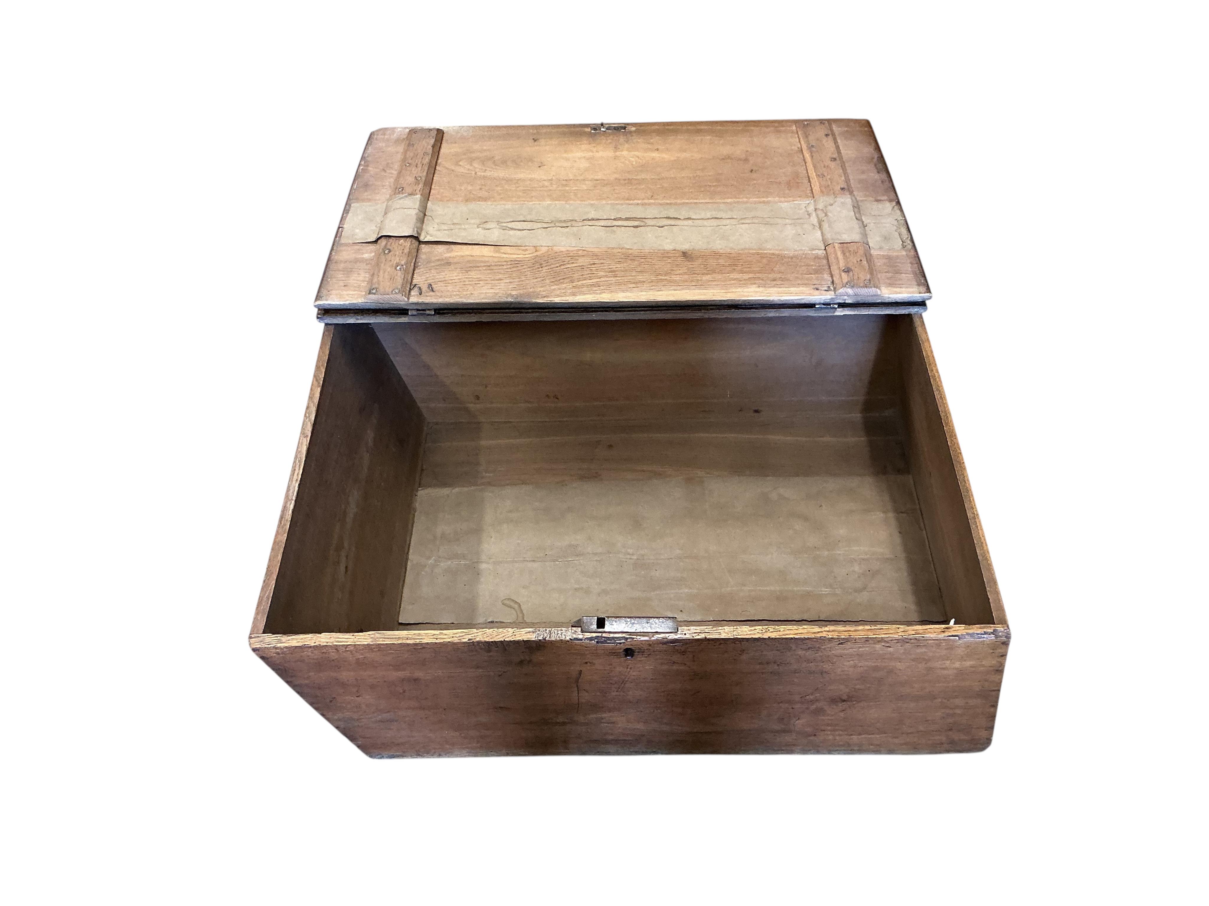 An unusually shaped 18th century oak box, width 72cm, depth 52cm, height 30cm